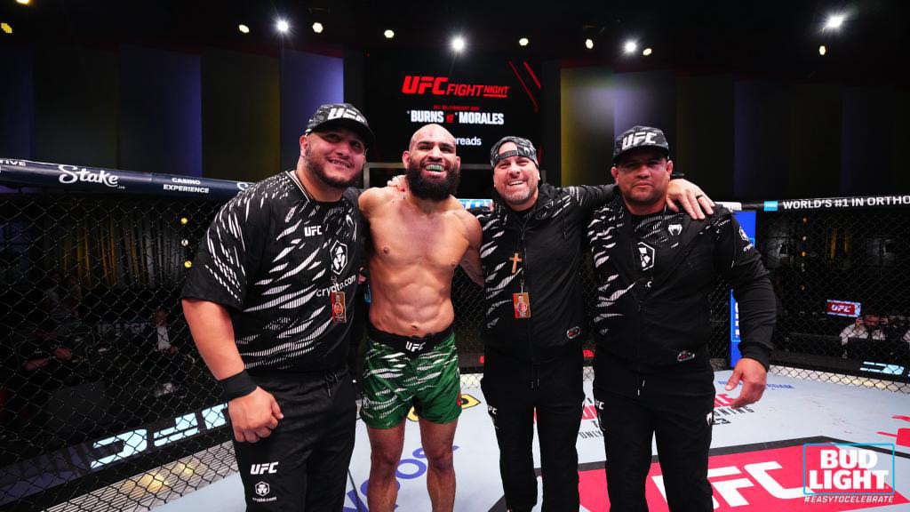 Gifted Gabe Green with Tracy Hess and the Subfighter corner team inside the UFC octagon